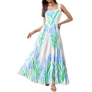 Women's Floral Maxi Dress Sleeveless Square Neck Flare Summer Dress White